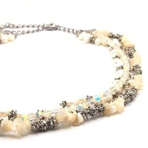Vtg 4-Strand Pearl Shell and AB Crystal Necklace Silver Tone‎ Adjustable Layered